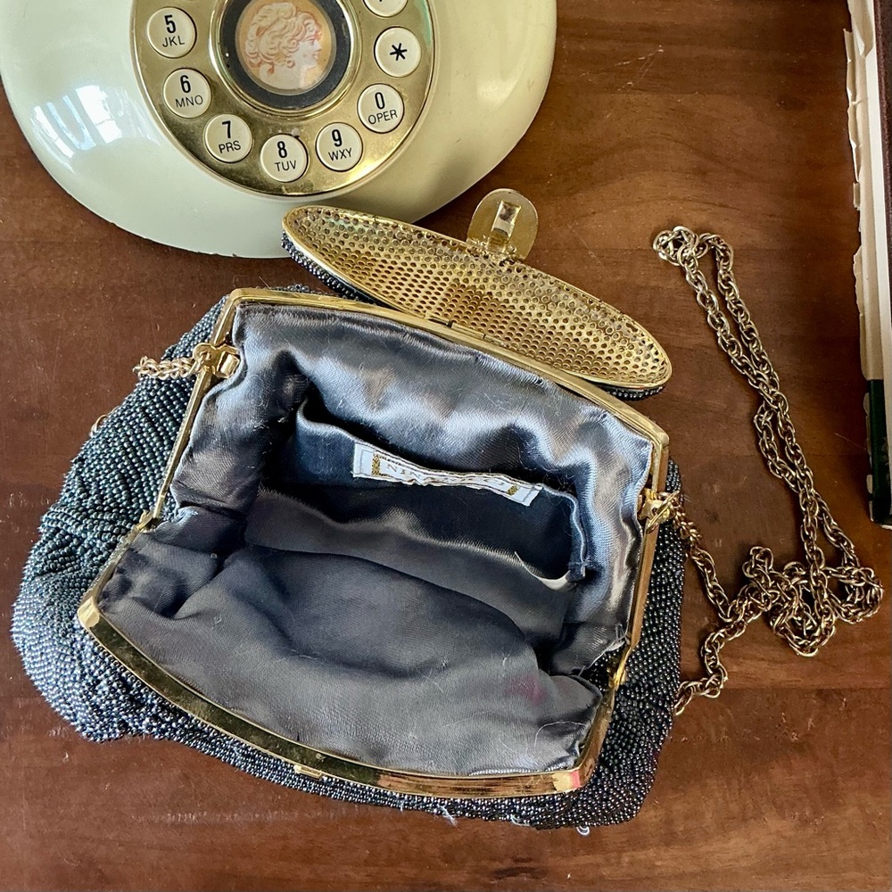 Vintage Nina Ricci Paris Pewter Beaded Evening Bag Gold-Tone Metal Clasp Frame - Picture 11 of 13